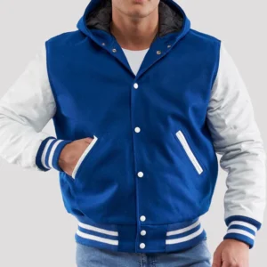 Bright Royal Wool Body & Bright White Sleeves Hoodie Varsity Jacket