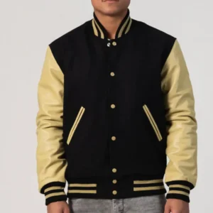 Black Melton Wool Body & Vegas Gold Leather Sleeves Varsity Jacket