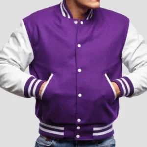 Purple Wool Body & Bright White Leather Sleeves Varsity Jacket