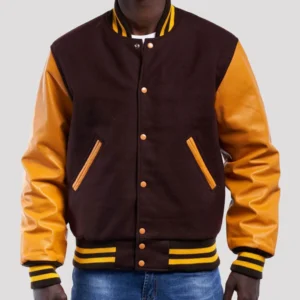 Brown Wool Body & Bright Gold Leather Sleeves Varsity Jacket