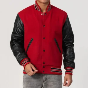 Scarlet Red Body & Black Sleeves Feathered Knit Trim Varsity Jacket