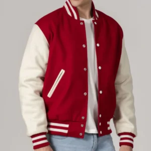 Scarlet Red & White All-Wool Customizable Varsity Jacket