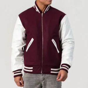 Maroon Wool Body & White Leather Sleeves Zipper Varsity Jacket