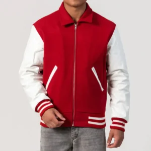 Scarlet Wool Body & White Leather Sleeves Byron Collar Varsity Jacket