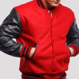 Scarlet Red Wool Body & Black Leather Sleeves Varsity Jacket