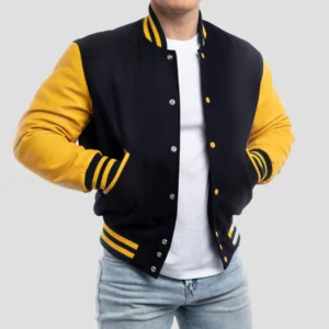 Navy Blue Wool Body & Lemon Leather Sleeves Varsity Jacket