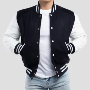 Navy Blue Wool Body & Bright White Leather Sleeves Varsity Jacket