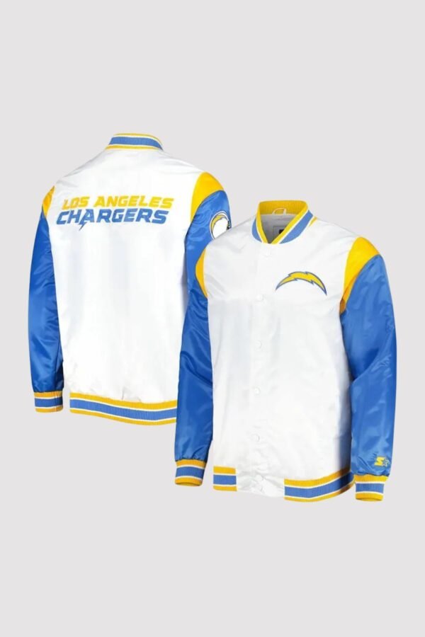 LA Chargers Throwback Pitch Blue And White Satin Varsity Jacket - Image 2