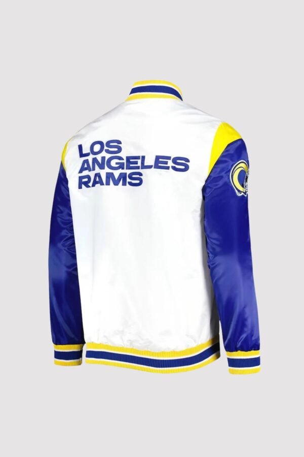 LA Rams Throwback Warm Up Pitch Satin Varsity Jacket