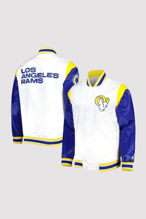 LA Rams Throwback Warm Up Pitch Satin Varsity Jacket - Image 2