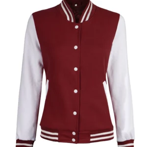 Women's Maroon and White Varsity Jacket - Baseball Style