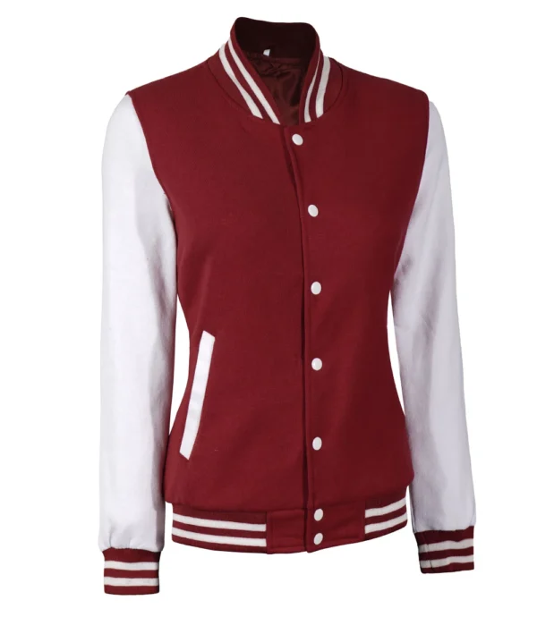 Women's Maroon and White Varsity Jacket - Baseball Style - Image 2