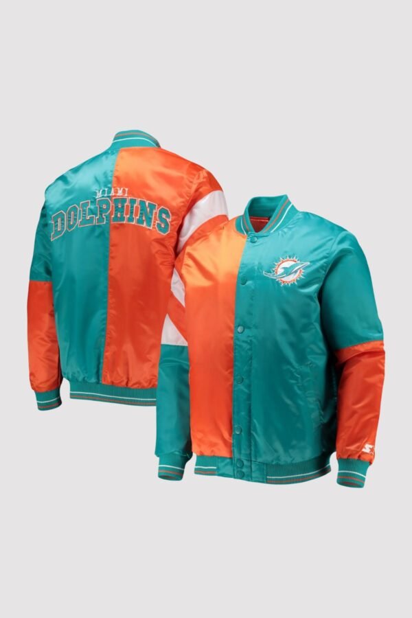 Miami Dolphins Aqua and Orange Satin Varsity Jacket - Image 2