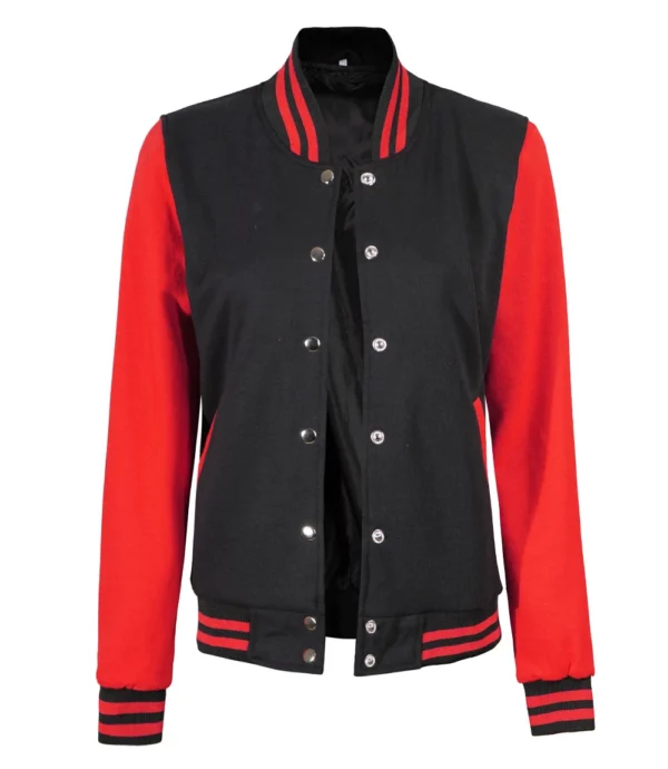 Women's Black and Red Varsity Jacket - Baseball Style