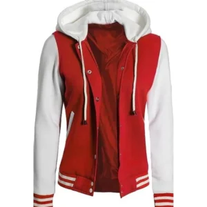 Women's Letterman Red and White Varsity Jacket With Hood