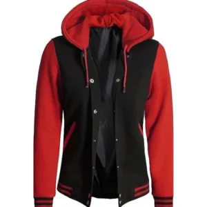 Women's Red and Black Varsity Letterman Jacket with Hood