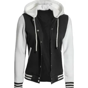 Women's Black and White Hooded Varsity Jacket - Baseball Style