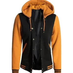 Women's Black & Yellow Hooded Varsity Jacket - Baseball Style