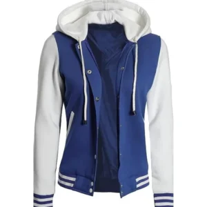 Women's Letterman Blue and White Varsity Jacket With Hood